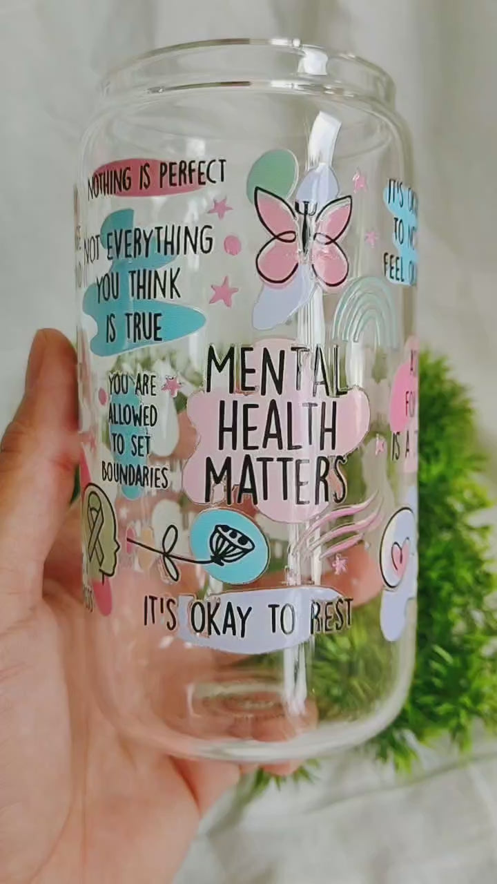 clear glass cup with mental health matters short video.