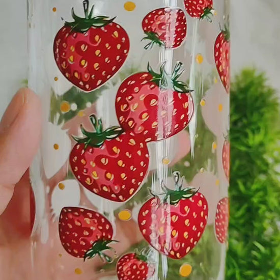 clear glass cup with strawberry printing short video.